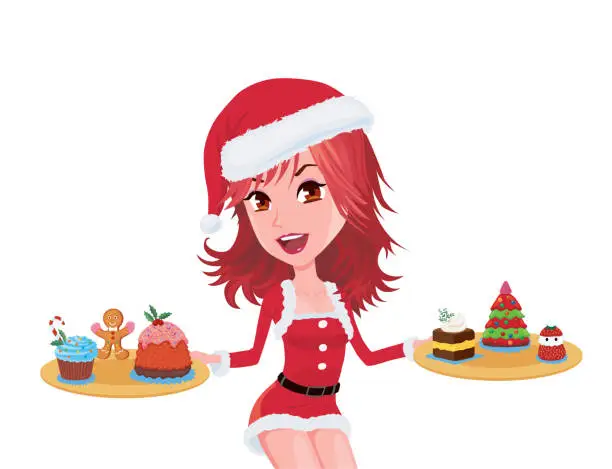 Vector illustration of Girl Holding Christmas Dessert