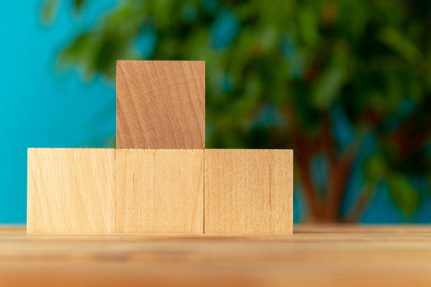 istock Wooden blocks on desk against blurred plant background 1283991592