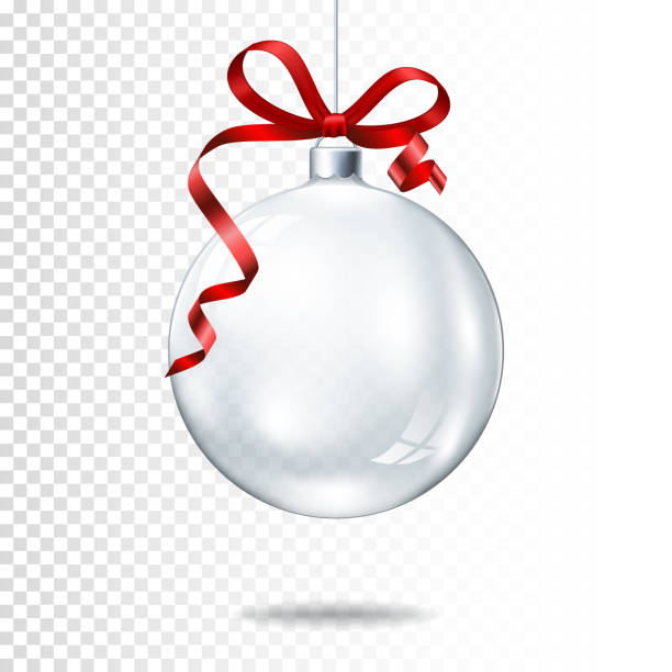 ilustraciones, imágenes clip art, dibujos animados e iconos de stock de bola de navidad realista transparente con cinta roja, aislada. - glass ornament