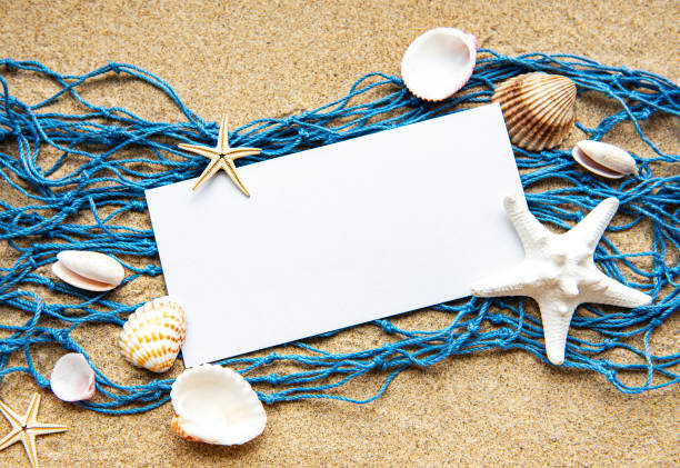 istock Empty blank of sheet paper on beach sand with sea shells 1283993463