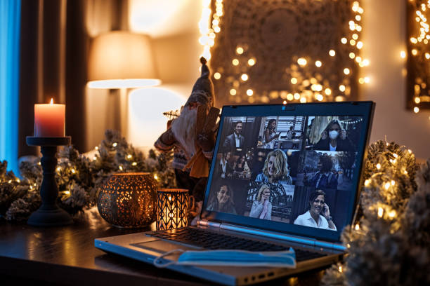 istock Home Office Set Up for Webinar and Teleconference at Xmas 1283994816