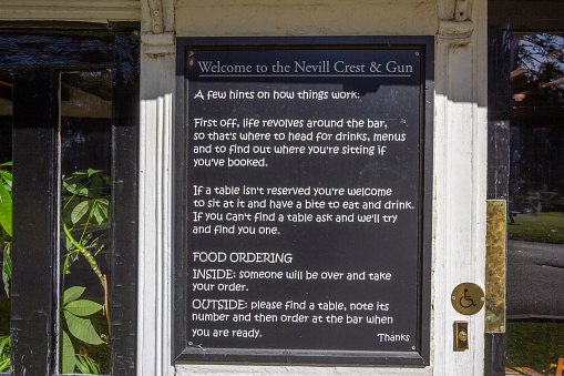 The Nevill Crest & Gun in Eridge Green near Royal Tunbridge Wells, England is a 500-year old listed building belonging to the family of the Earls of Abergavenny. The crest is a bull with a crown around its neck.This is a list of things telling customers 'how things work'.