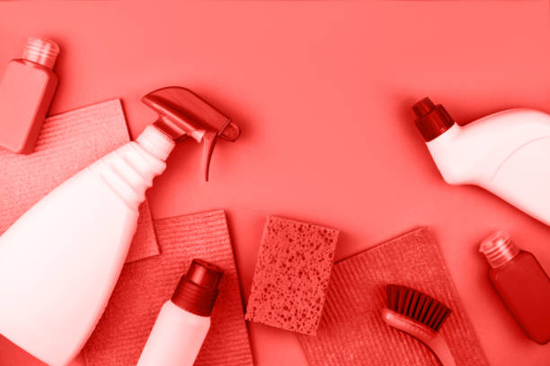 istock House cleaning products are on red background. 1283996911