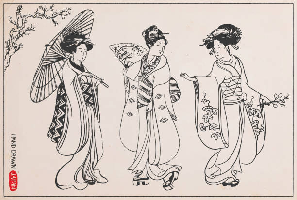 Set of Japanese women in kimono. Hand drawn vector illustration. Hand drawn illustration of women wearing kimonos kimono stock illustrations