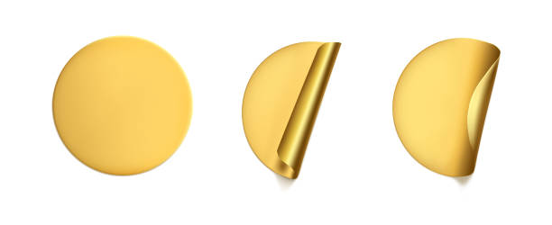istock Gold round crumpled stickers with peeling corner mock up set. Adhesive golden foil or plastic sticker label with wrinkled effect on white background. Blank template label tags. 3d realistic vector 1283999913