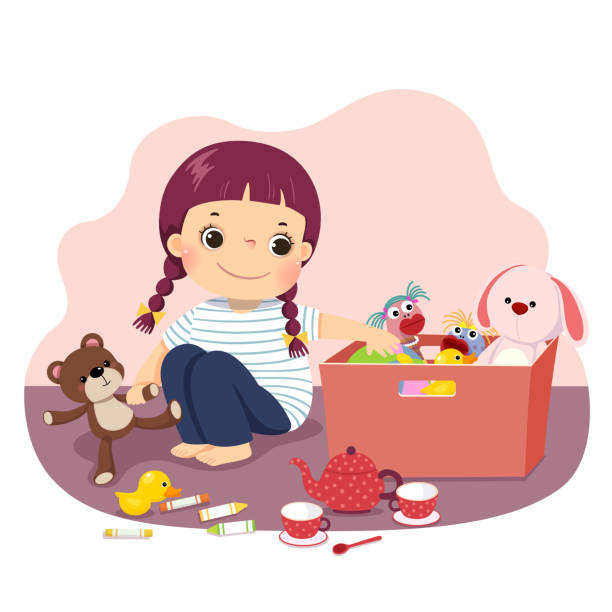Vector illustration cartoon of a little girl putting her toys into the box. Kids doing housework chores at home concept. Vector illustration cartoon of a little girl putting her toys into the box. Kids doing housework chores at home concept. kids cleaning up toys stock illustrations