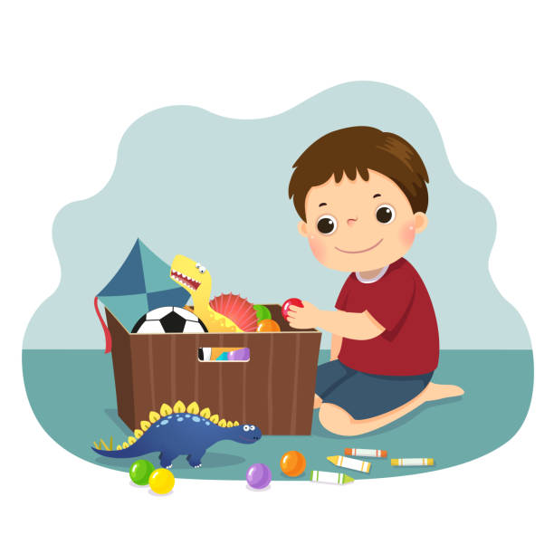 箱におもちゃを入れた小さな男の子のベクトルイラスト漫画。家のコンセプトで家事をしている子供たち。 - neat点のイラスト素材／クリップアート素材／マンガ素材／アイコン素材