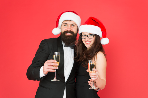 Happy new year. Bearded gentleman wear tuxedo girl elegant dress. Merry christmas. Office party. Visiting event party ceremony. Couple ready corporate party. Official celebration. Greetings concept.