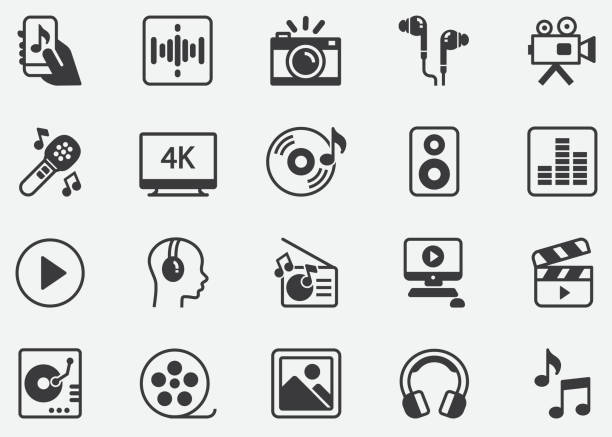 ilustraciones, imágenes clip art, dibujos animados e iconos de stock de música, vídeo, multimedia, audio, imagen, iconos perfectos de píxel de foto - sistema de medición de volumen