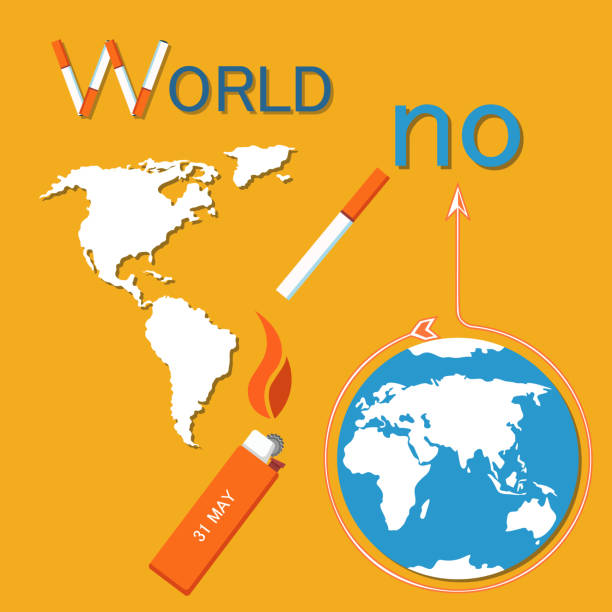 World No Tobacco Day Poster Lightened Cigarette World no tobacco day poster with lightened cigarette, globesymbol, cartography map.Vector promotion to stop smoking all over Earth, lighter with fire World No-Tobacco Day stock illustrations
