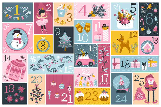 illustrazioni stock, clip art, cartoni animati e icone di tendenza di calendario dell'avvento di natale con personaggi carini ed elementi festivi in diverse forme, in uno stile scandinavo disegnata a mano. tavolozza limitata ideale per la stampa. - advent calendar advent calendar christmas