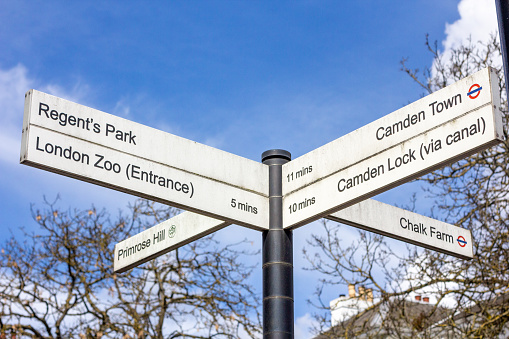 Footpath Sign to Camden Lock, London, Camden Town Underground, Chalk Farm, Regent's Park, London Zoo and Primrose Hill
