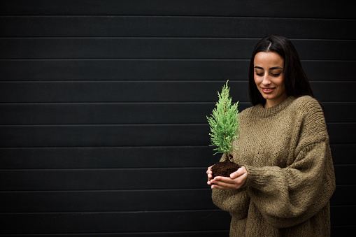 A girl is holding an evergreen tree seedling in her palms looking at it with love and admiration.