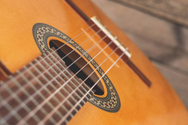 istock classic spanish guitar on wooden background. guitar with nylon strings 1284007842