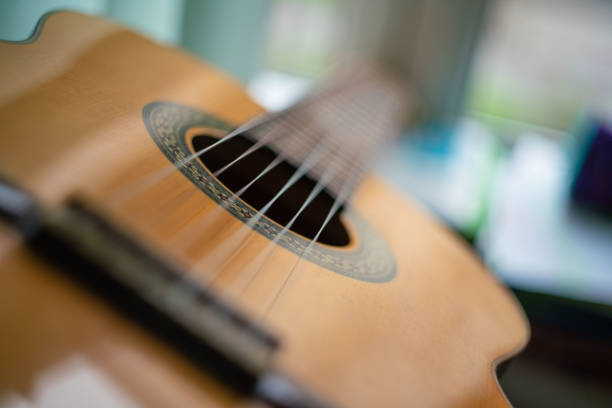 istock classic spanish guitar on wooden background. guitar with nylon strings 1284007905