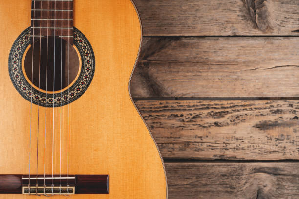 istock classic spanish guitar on wooden background. guitar with nylon strings 1284007916