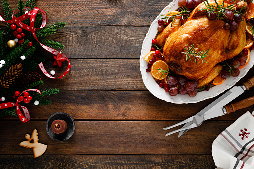 Roasted turkey, festive celebration food for Christmas dinner