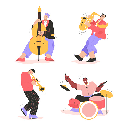 Jazz band playing music at festival, concert or perform on stage. Musicians play musical instruments - saxophone, drums, trumpet, double bass. Vector character illustration of entertainment artists