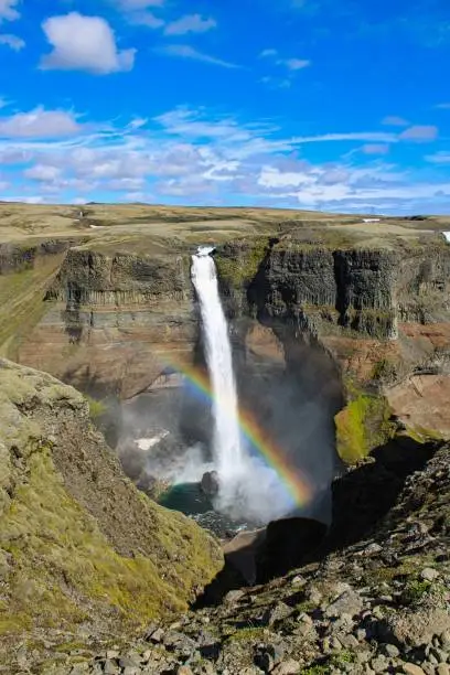 Showing: Haifoss waterfall in the Icelandic highland. Reachable via an adventurous highland road. Image taken in COVID-19 summer 2020. I was the only human being for several hours at this spot.