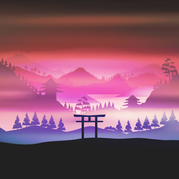 istock Japan, mountains in fog Torii gate, temple in the background 1284011991