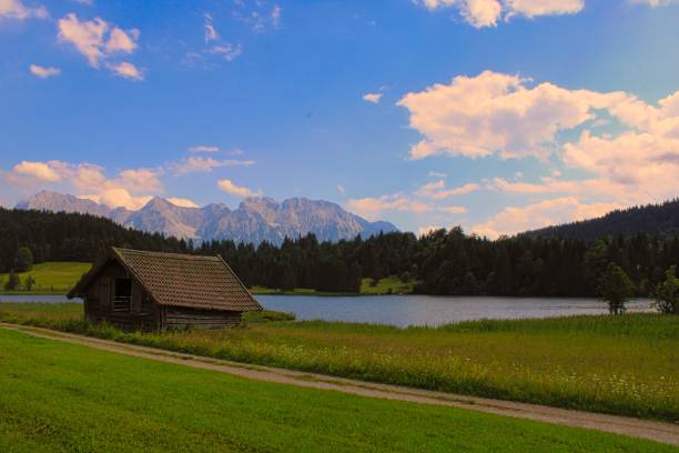 вид на открытку на горы карвендель - alm bavaria mountain summer стоковые фото и изображения