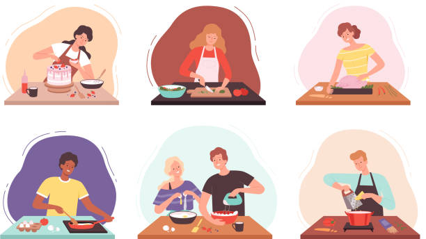 ilustrações de stock, clip art, desenhos animados e ícones de preparing food. characters cooking in kitchen happy people baked professional or family chef vector illustrations - man eating healthy
