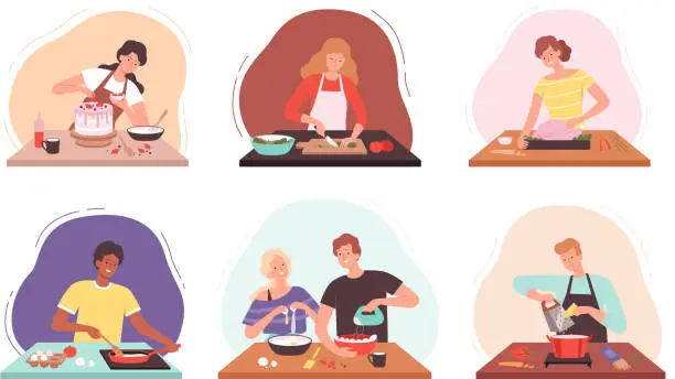 Vector illustration of Preparing food. Characters cooking in kitchen happy people baked professional or family chef vector illustrations