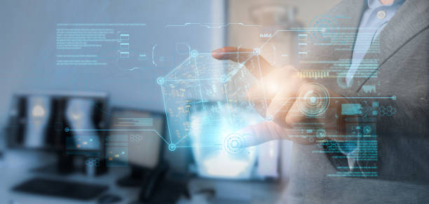 istock Businesswoman holding virtual cubic hologram on digital interface, getting access to data management, collage 1284016058