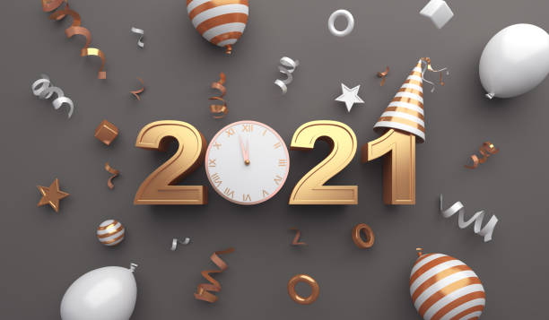 istock Happy new year 2021 background concept with clock, party hat, balloon, ribbon, 3D rendering illustration 1284016224