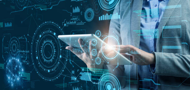 istock Female manager using digital tablet to analyze business and financial data, collage with interactive user interface 1284016286