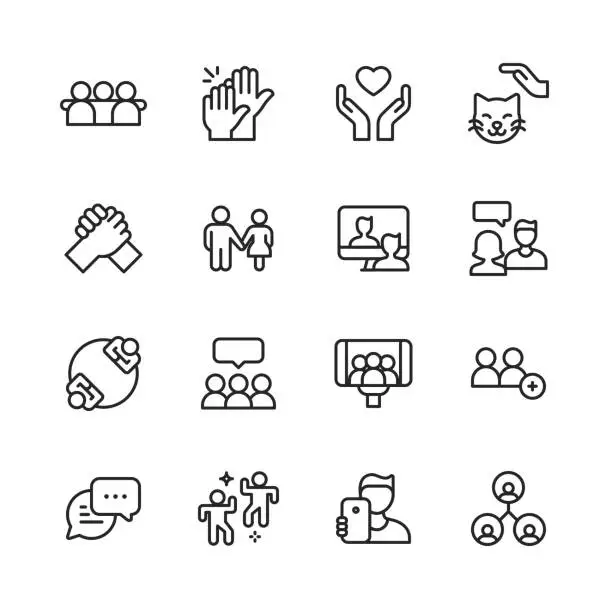 Vector illustration of Friendship Line Icons. Editable Stroke. Pixel Perfect. For Mobile and Web. Contains such icons as Friend, Party, Handshake, Invitation, Greeting Card, Bonding, Mental Health, High Five, Video Call, Pet, Couple, Relationship, Selfie, Love, Fist Bump.