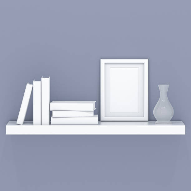 istock Shelf with books, frame and a vase. White mock up. Interior design. 3d rendering illustration 1284017953