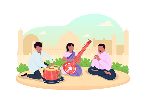 Indian traditional music 2D vector web banner, poster. Ceremony music performance. Indian musicians flat characters on cartoon background. Street concert printable patch, colorful web element