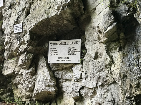 Skocjan Caves, Slovenia - November 7, 2018:  Unesco World Heritage Label of Skocjan Caves in Slovenia.