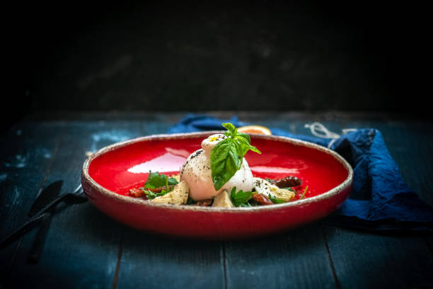 queso burata con tomates secos, alcachofas, rúcula y albahaca sobre un plato rojo. un plato de cocina italiana es un aperitivo. - caprese salad salad restaurant vinegar fotografías e imágenes de stock