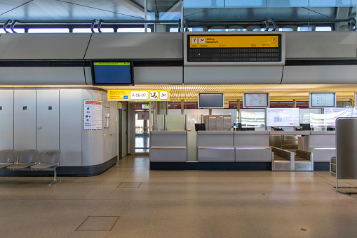 After a long operation, the airport Berlin Tegel Otto Lilienthal will be closed on 7th of November 2020. On 31.10.2020, the new international airport Berlin Brandenburg Willy Brandt was opened.\nThis photo shows the hall and A7 counter of terminal A&B.