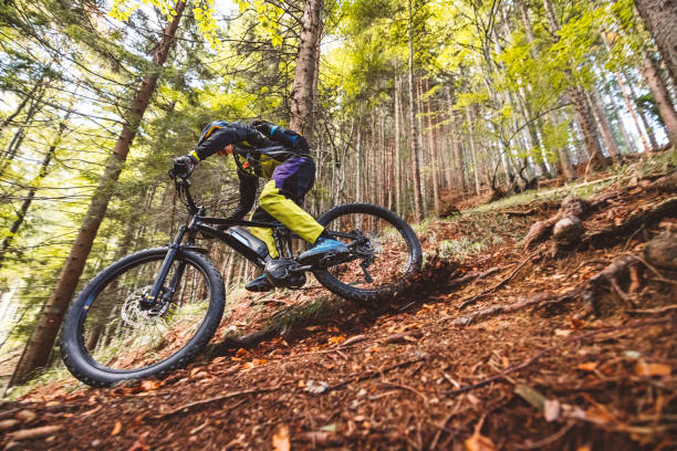 istock Mountain biker on a downhill ride trough the woods 1284021024