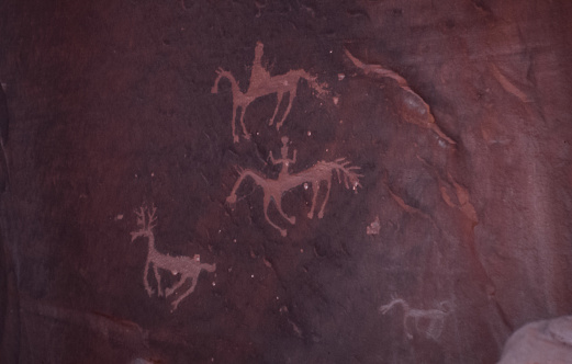 On the walls of Chelly Canyon are visible petroglyphs dating back to the culture of the Anasazi people who inhabited this territory, in the Navajo Reservation in Arizona.