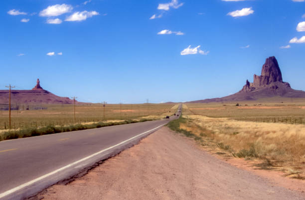 U.S. Route 163 towards Monument Valley, Arizona. Stop on the edge of the U.S. Highway 163 with Monument Valley buttes in the background. chinle arizona stock pictures, royalty-free photos & images