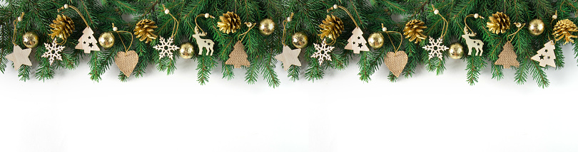 Close-up of Christmas Wreath with Christmas ornament on white background.