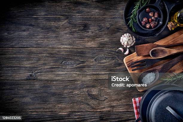 Top View Of Kitchen Utensils On Rustic Table With Copy Space Stock Photo - Download Image Now