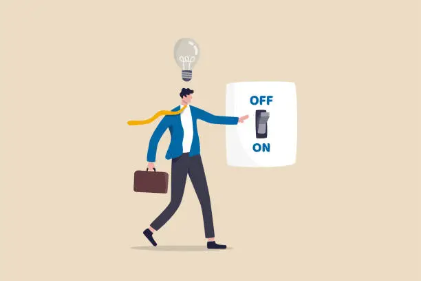 Vector illustration of New business ideas, inspiration and creativity to think about new idea concept, smart businessman in suit switching on the switch to turn on lightbulb lamp over his head metaphor of discover new idea.