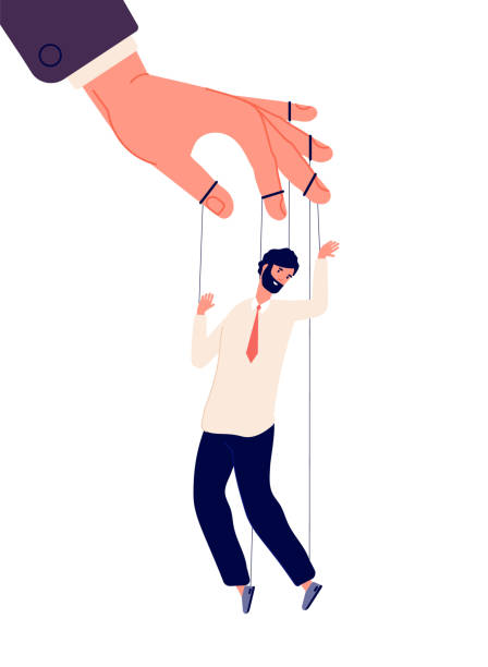 istock Puppet businessman. Manipulating human, hand control marionette. Politics, dictator manipulator concept. Vector business power illustration 1284026760