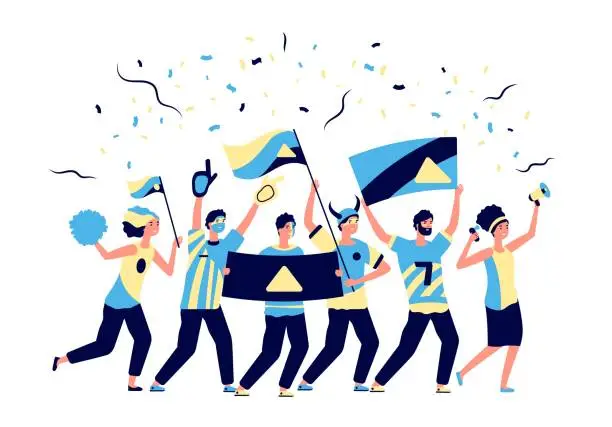 Vector illustration of Sport fans. Adults football lovers, cheering with soccer team. Men women, fanatic crowd with flags. Active team support vector illustration