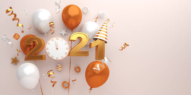 istock Happy new year 2021 background concept with clock, party hat, balloon, ribbon, 3D rendering illustration 1284028916