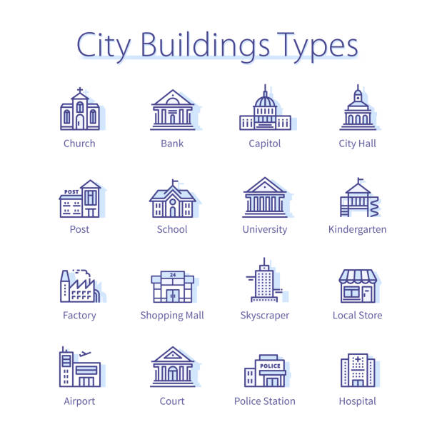 都市の建物のタイプの概念。政府の建物、公営銀行、地元の学校、病院の家、議事堂、教会、裁判所の細い線のアイコンセット。町建築線形ベクトル図 - 市役所点のイラスト素材／クリップアート素材／マンガ素材／アイコン素材
