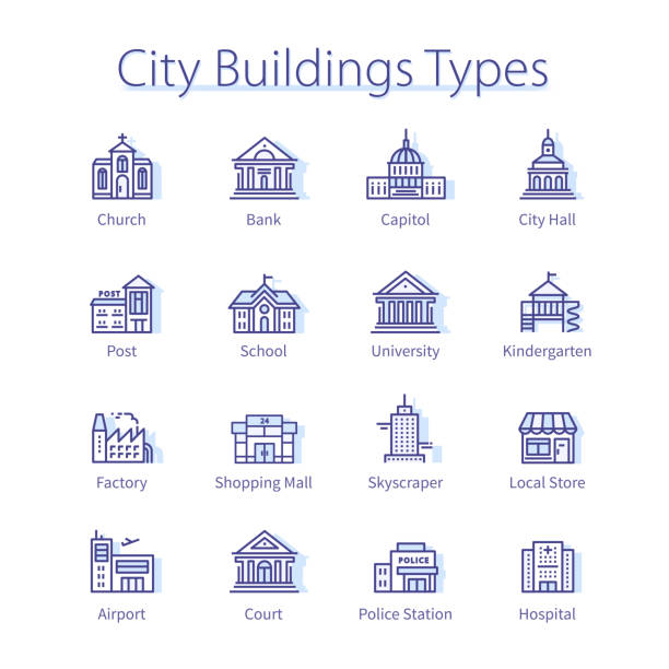 концепция типов городских зданий. здание правительства, общественный банк, местная школа, дом стационара, капитолий, церковь, иконы тонкой � - полицейский участок иллюстрации stock illustrations