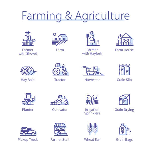 Agriculture, farming & agronomy concept. Farmer man & woman, village tractor, hay bale, wheat harvest, plant growth thin line icons set. Farm crop harvesting linear vector illustrations Agriculture, farming & agronomy concept. Farmer man & woman, village tractor, hay bale, wheat harvest, plant growth thin line icons set. Farm crop harvesting isolated linear flat vector illustrations silo bag stock illustrations