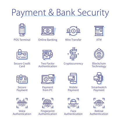 Payment & bank security concept. Atm machine, cryptocurrency, mobile financial technology, online banking thin line icons set. Authentication & payment security isolated linear flat vector illustrations