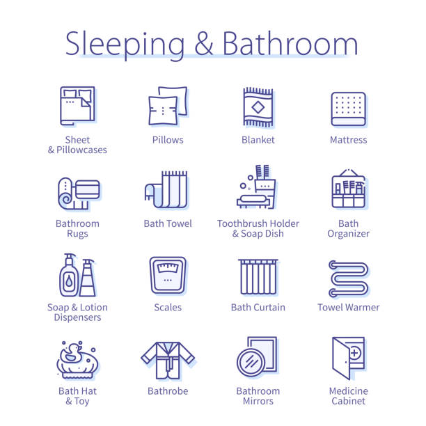 Sleeping & bathroom concept. Sheet, blanket, mattress, pillow bedding, robe, mirror, rug, scales, furniture thin line icons set. Home bedroom linen & accessories linear vector illustrations Sleeping & bathroom concept. Sheet, blanket, mattress, pillow bedding, robe, mirror, rug, scales, furniture thin line icons set. Home bedroom linen & accessories isolated linear flat vector illustrations vanity mirror stock illustrations